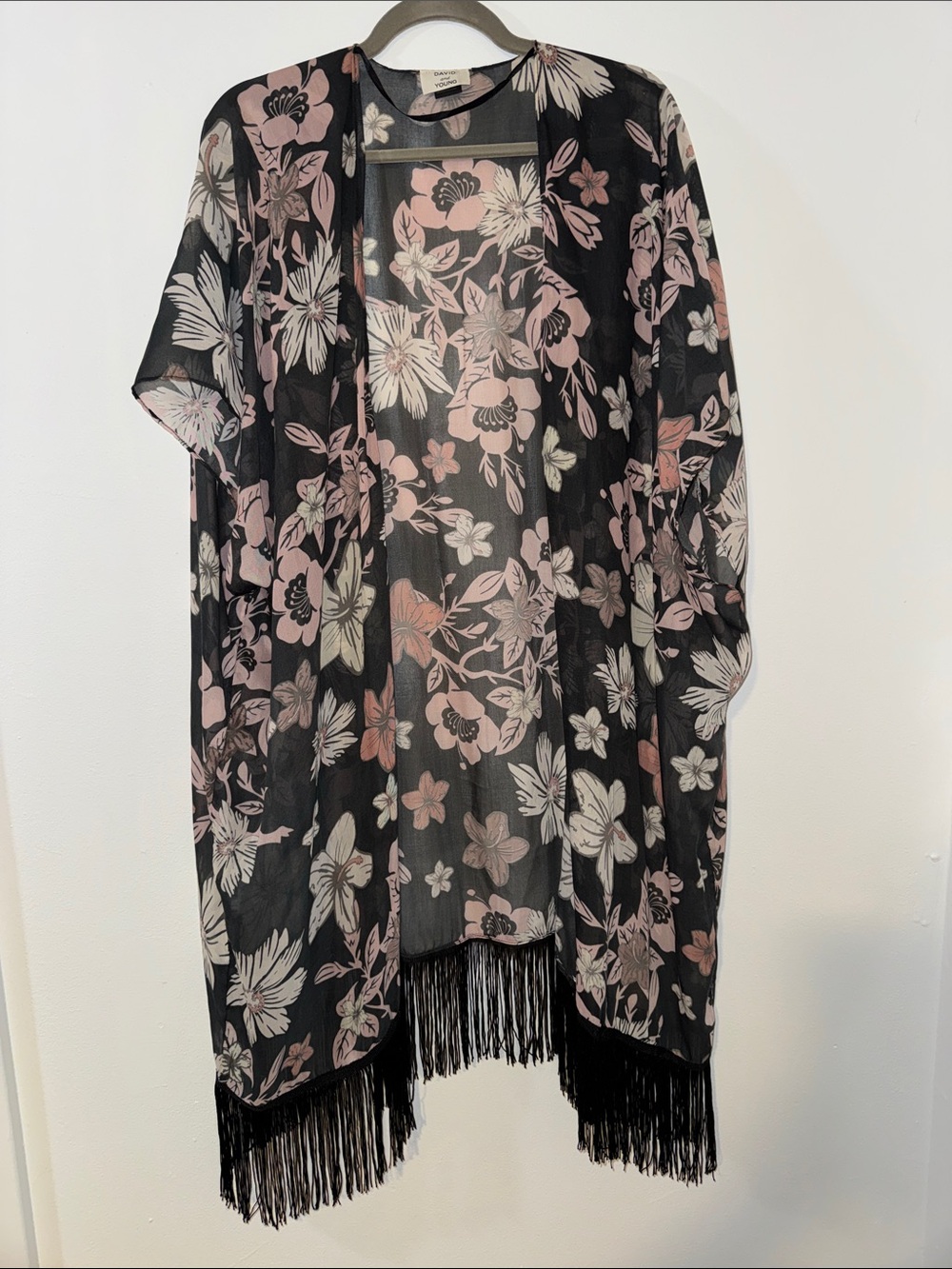 David and Young Black Floral Sheer Kimono with Fringe
